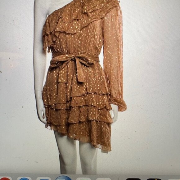 Rococo Sand Beige and Gold Asymmetrical Belted Ruffle Dress, Sz M - Picture 1 of 8